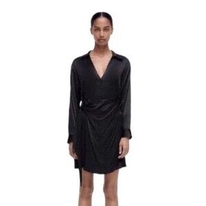 Zara Women’s Black Satin Effects Wrap dress Blogger Favorite Size S